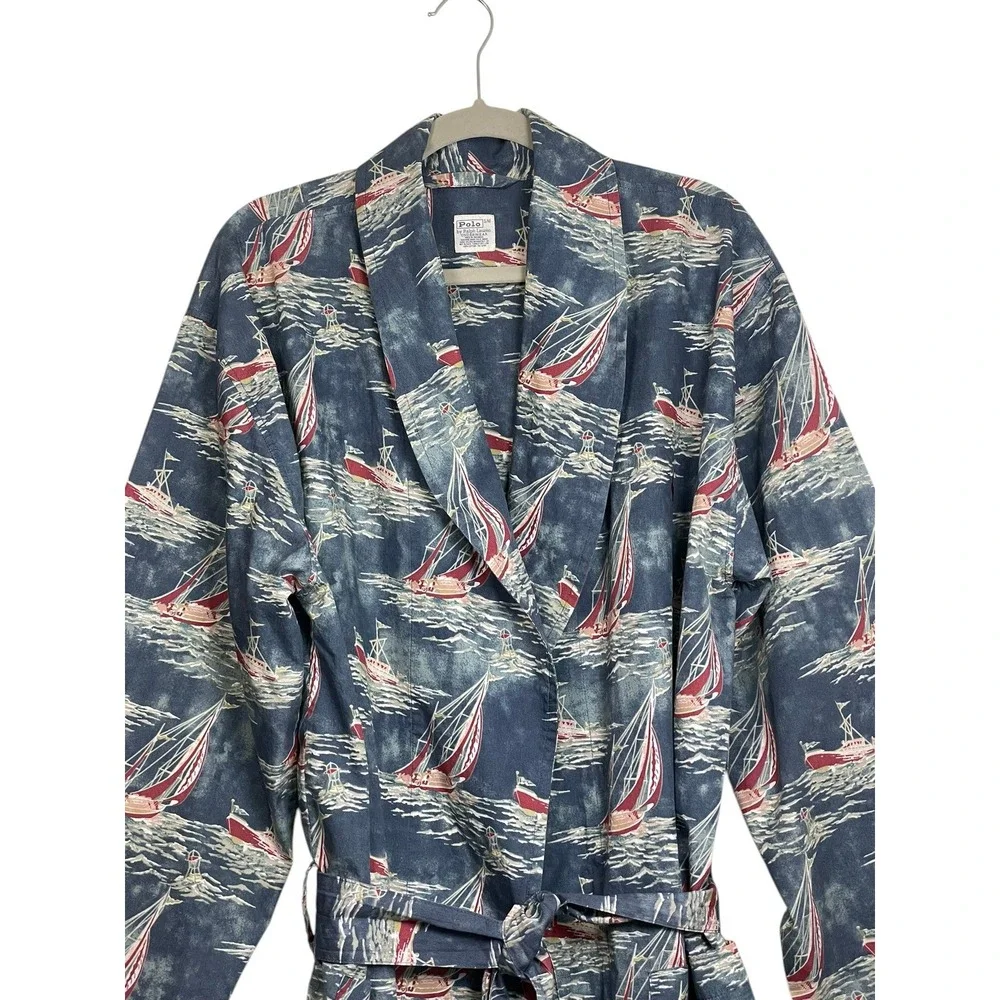 Polo Ralph Lauren‎ 90s Y2K Mens Robe Blue Boat Yacht Print Cotton S/M Nautical
